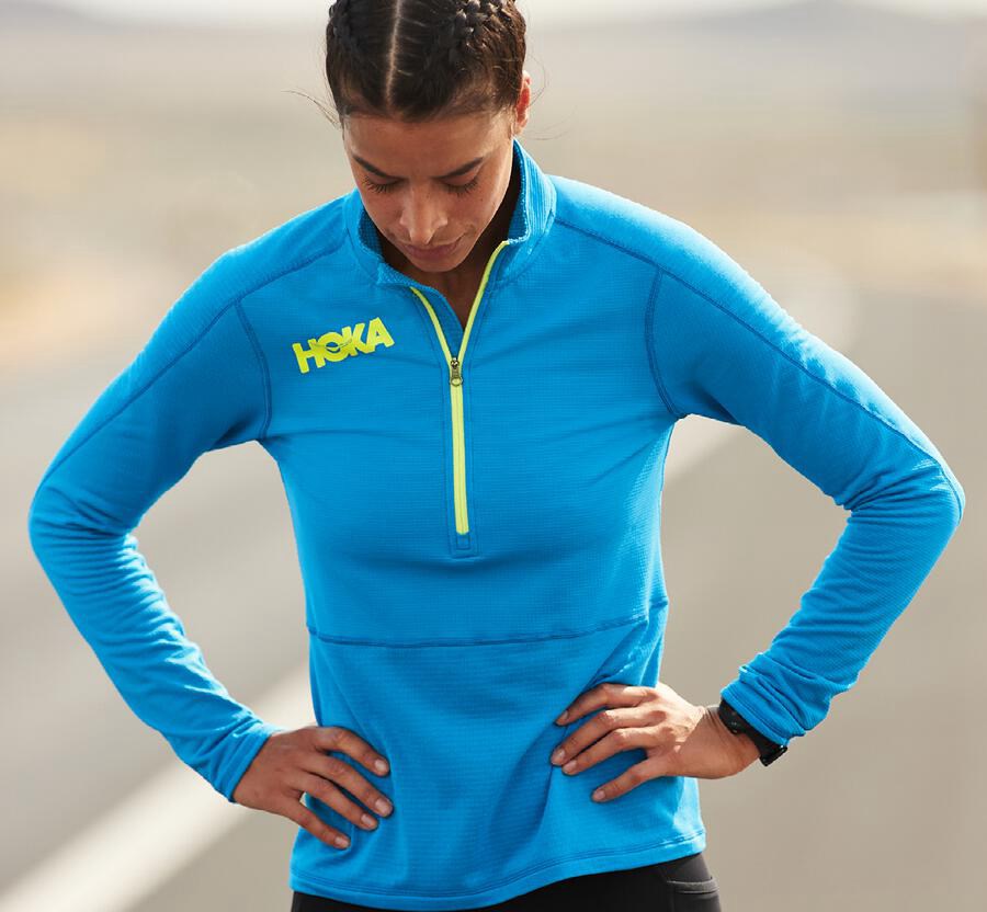 Hoka One One 1/2 Dragkedja Midlayer Top Dam - Blå - KVGOE-9617